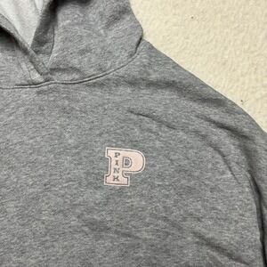 PINK Hoodie Womens Large Gray Victoria's Secret Pullover Striped Sleeve Logo